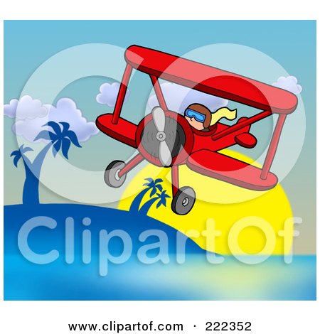 Royalty-Free (RF) Clipart Illustration of a Pilot Flying A Red Biplane In The Tropics by visekart