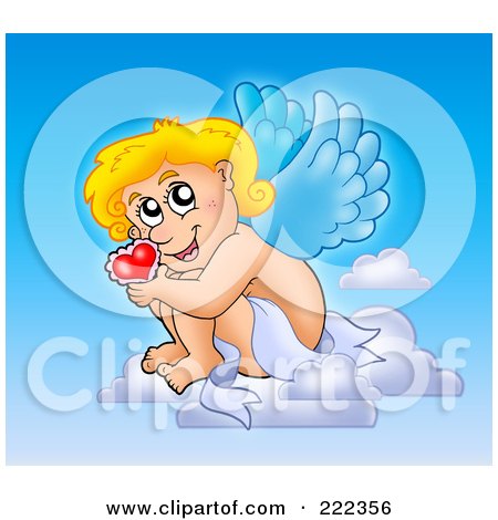 Royalty-Free (RF) Clipart Illustration of Cupid Holding A Heart To His Face In The Sky by visekart