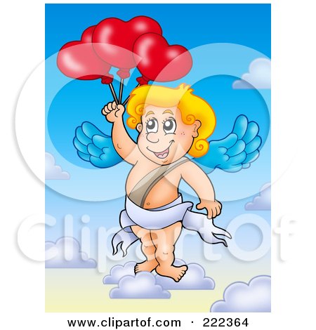 Royalty-Free (RF) Clipart Illustration of Cupid With Heart Balloons In The Sky by visekart