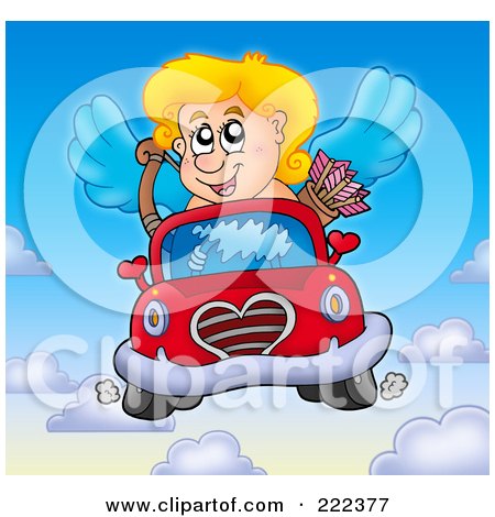 Royalty-Free (RF) Clipart Illustration of Cupid Driving A Car In The Sky by visekart