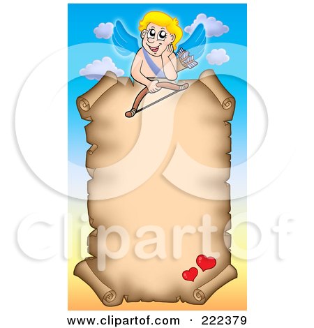 Royalty-Free (RF) Clipart Illustration of Cupid Above A Parchment Page Against A Sky by visekart