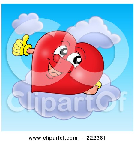 Royalty-Free (RF) Clipart Illustration of a Red Heart Holding A Thumb Up On A Cloud by visekart