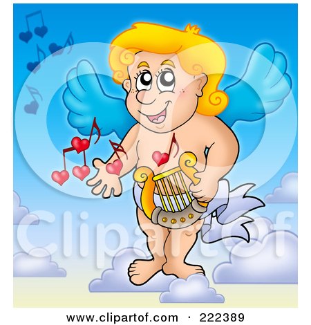 Royalty-Free (RF) Clipart Illustration of Cupid Playing A Lyre In The Sky by visekart