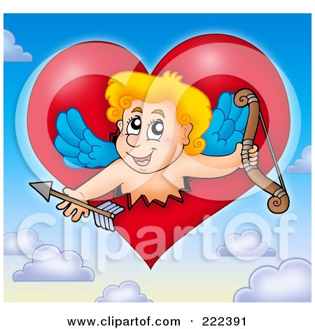 Royalty-Free (RF) Clipart Illustration of Cupid Bursting Through A Heart In The Sky by visekart