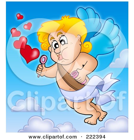 Royalty-Free (RF) Clipart Illustration of Cupid Blowing Heart Bubbles In The Sky by visekart