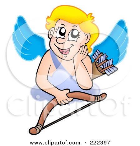 Royalty-Free (RF) Clipart Illustration of Cupid Daydreaming On A Cloud With A Bow by visekart