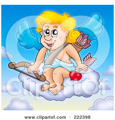 Royalty-Free (RF) Clipart Illustration of Cupid Sitting On A Cloud With A Bow In The Sky by visekart