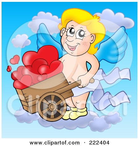 Royalty-Free (RF) Clipart Illustration of Cupid Pushing A Wheelbarrow Of Hearts In The Sky by visekart