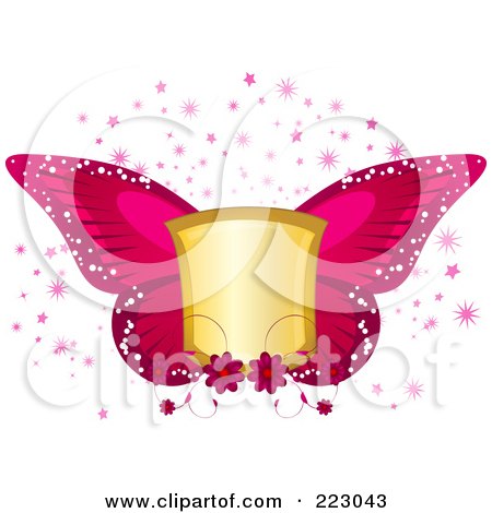 Royalty-Free (RF) Clipart Illustration of a Golden Shield With Pink Butterfly Wings, Flowers, Bursts And Stars by elaineitalia
