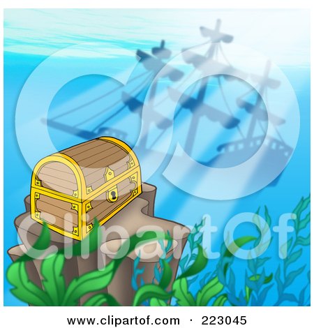 Royalty-Free (RF) Clipart Illustration of a Sunken Treasure Chest Near A Shipwreck Under The Sea by visekart