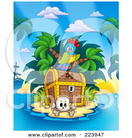 Royalty-Free (RF) Clipart Illustration of a Parrot Sitting On A Treasure Chest On An Island by visekart