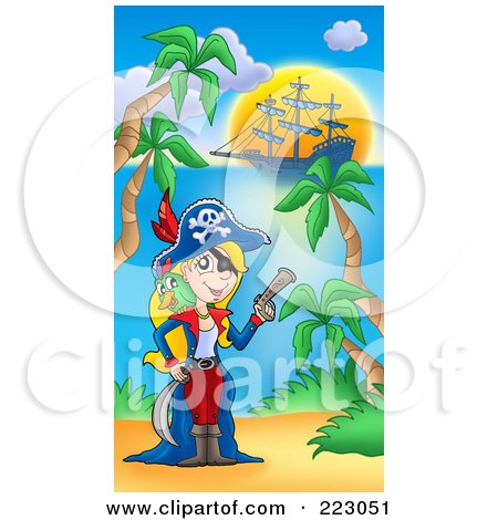 Royalty-Free (RF) Clipart Illustration of a Blond Female Pirate With A Parrot Holding A Gun On A Beach With Her Ship In The Background by visekart