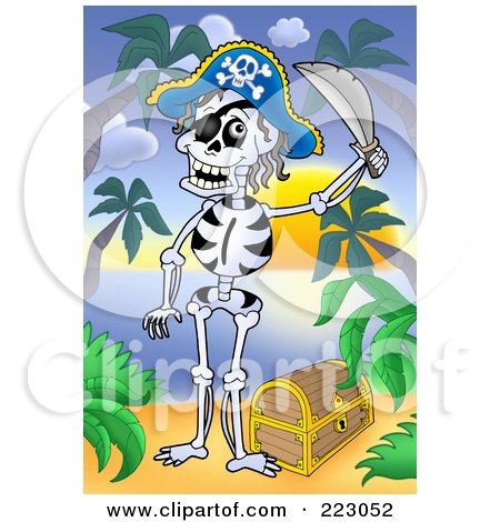 Royalty-Free (RF) Clipart Illustration of a Skeleton Pirate Holding A Sword Over A Chest On A Beach by visekart