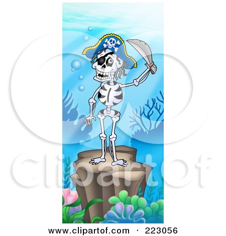 Royalty-Free (RF) Clipart Illustration of a Skeleton Pirate Holding A Sword Under The Sea by visekart