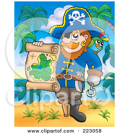 Royalty-Free (RF) Clipart Illustration of a Male Pirate Holding A Treasure Map On A Beach by visekart
