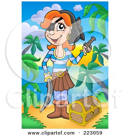 Royalty-Free (RF) Clipart Illustration of a Red Haired Female Pirate With A Treasure Chest, Sword And Gun by visekart