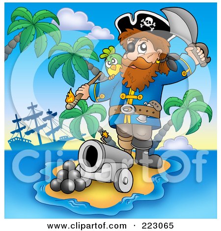 Royalty-Free (RF) Clipart Illustration of a Male Pirate Shooting Off Cannon Balls by visekart