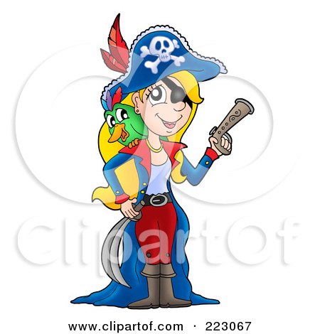 Royalty-Free (RF) Clipart Illustration of a Blond Female Pirate With A Parrot, Sword And Gun by visekart