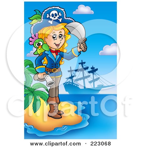 Royalty-Free (RF) Clipart Illustration of a Blond Female Pirate On A Beach With A Bird, Sword And Gun by visekart