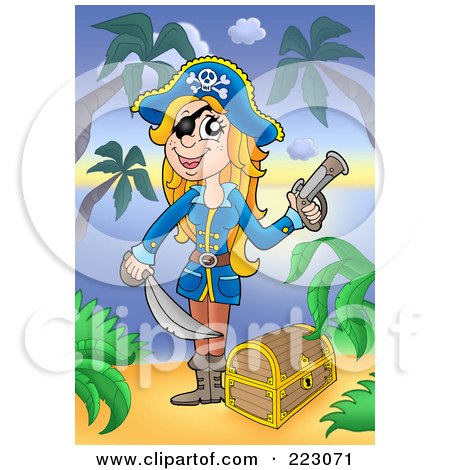 Royalty-Free (RF) Clipart Illustration of a Blond Pirate Holding A Gun And Sword Over A Chest On A Beach by visekart