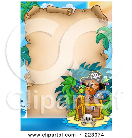 Royalty-Free (RF) Clipart Illustration of a Pirate With A Treasure Chest Framing An Aged Parchment Page by visekart