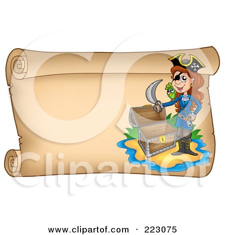 Royalty-Free (RF) Clipart Illustration of a Pirate Woman And Empty Chest On A Horizontal Parchment Page by visekart