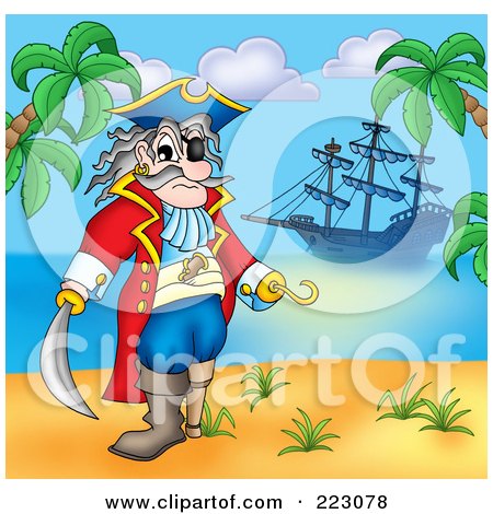 Royalty-Free (RF) Clipart Illustration of a Male Pirate Standing On A Beach, His Ship In The Distance by visekart