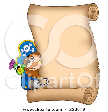 Royalty-Free (RF) Clipart Illustration of a Pirate Man Looking Around A Blank Vertical Parchment Page by visekart