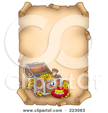 Royalty-Free (RF) Clipart Illustration of a Treasure Chest On A Blank Aged Vertical Parchment Page by visekart
