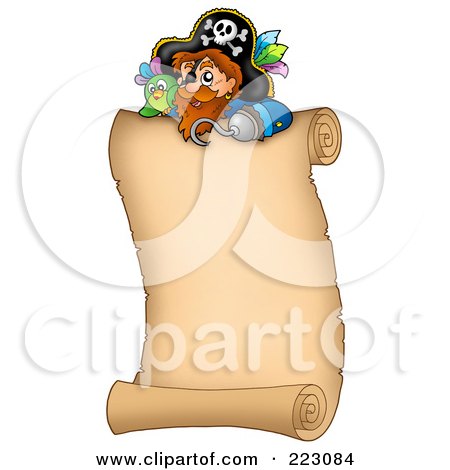 Royalty-Free (RF) Clipart Illustration of a Pirate And Parrot Over A Blank Veritcal Parchment Paper by visekart