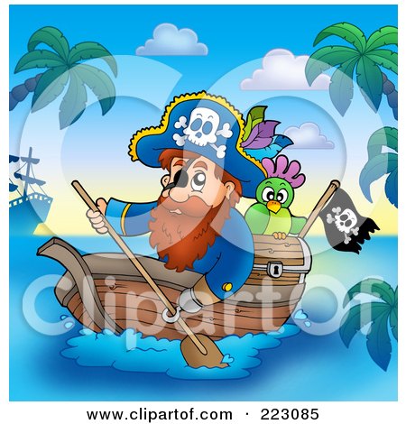Royalty-Free (RF) Clipart Illustration of a Male Pirate With A Parrot, Paddling A Boat by visekart