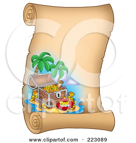 Royalty-Free (RF) Clipart Illustration of a Treasure Chest On A Tropical Island On A Vertical Parchment Page by visekart