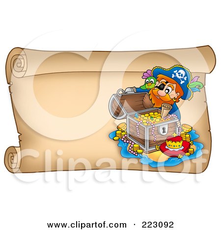 Royalty-Free (RF) Clipart Illustration of a Pirate And Treasure On A Horizontal Parchment Page by visekart