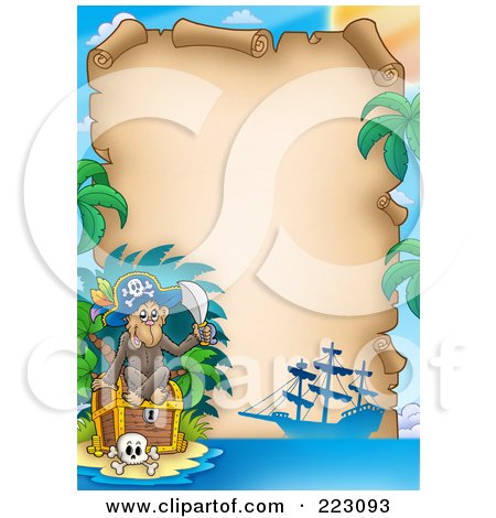 Royalty-Free (RF) Clipart Illustration of a Pirate Monkey With A Treasure Chest Framing An Aged Parchment Page by visekart