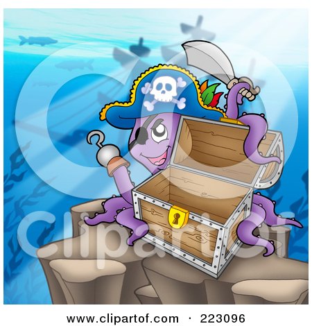 Royalty-Free (RF) Clipart Illustration of a Pirate Octopus Near A Shipwreck With A Treasure Chest by visekart