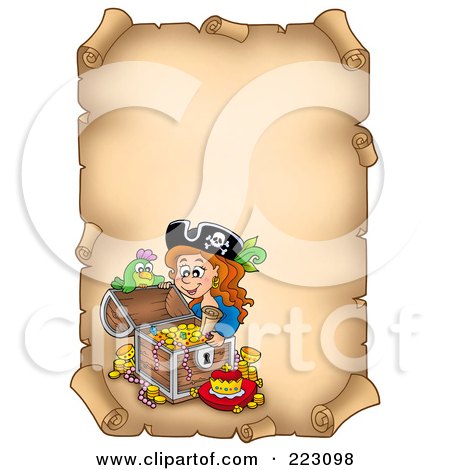 Royalty-Free (RF) Clipart Illustration of a Pirate Girl With A Treasure Chest On An Aged Vertical Parchment Page by visekart