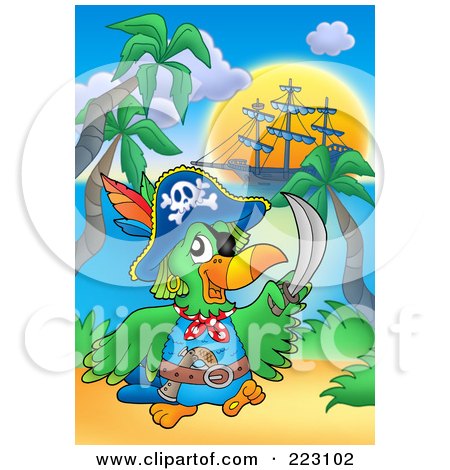 Royalty-Free (RF) Clipart Illustration of a Pirate Parrot Holding Up A Sword On A Beach by visekart