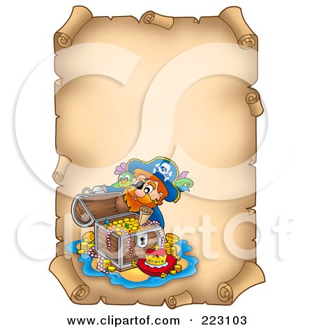 Royalty-Free (RF) Clipart Illustration of a Treasure Chest And Pirate On A Blank Aged Vertical Parchment Page by visekart