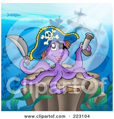 Royalty-Free (RF) Clipart Illustration of a Pirate Octopus With A Sword And Gun By A Sunken Ship by visekart