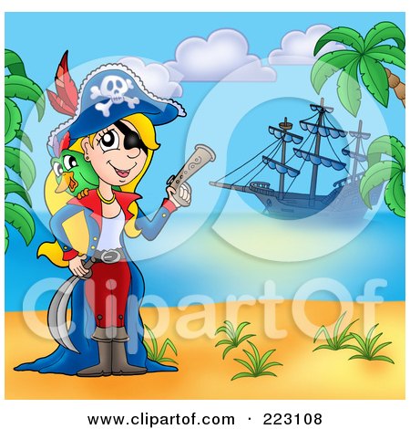 Royalty-Free (RF) Clipart Illustration of a Blond Female Pirate Holding A Gun On A Beach With Her Ship In The Background by visekart