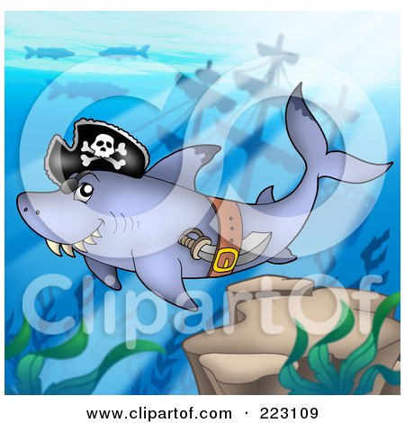 Royalty-Free (RF) Clipart Illustration of a Pirate Shark Swimming Near A Sunken Ship by visekart