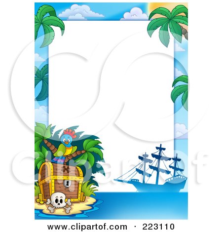 Royalty-Free (RF) Clipart Illustration of a Pirate Parrot, Treasure Chest And Ship Border Around White Space by visekart