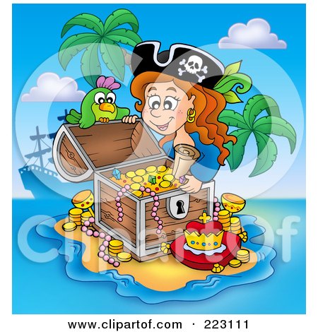 Royalty-Free (RF) Clipart Illustration of a Female Pirate And Parrot Opening A Treasure Chest On A Beach by visekart