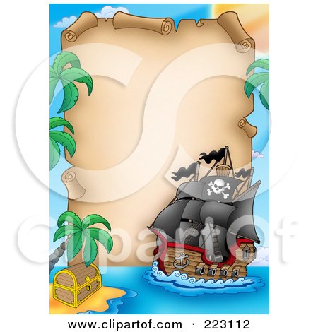 Royalty-Free (RF) Clipart Illustration of a Pirate Ship And Vertical Parchment Paper Frame by visekart