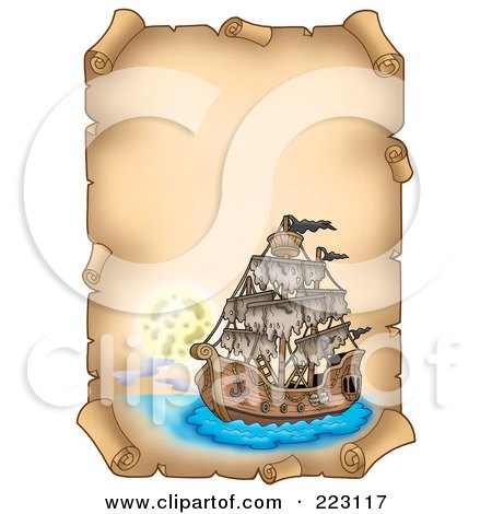 Royalty-Free (RF) Clipart Illustration of a Pirate Ship On A Vertical Parchment Page - 6 by visekart