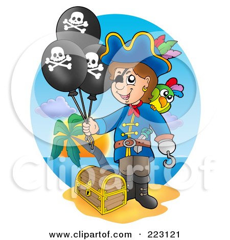 Royalty-Free (RF) Clipart Illustration of a Male Pirate Balloons By A Treasure Chest On A Beach by visekart