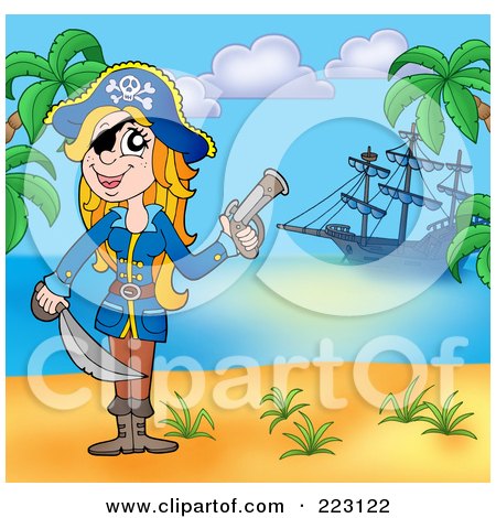 Royalty-Free (RF) Clipart Illustration of a Blond Female Pirate Holding A Gun And Sword On A Beach With Her Ship In The Background by visekart