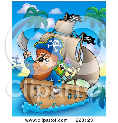 Royalty-Free (RF) Clipart Illustration of a Male Pirate Holding A Sword Up On His Boat by visekart