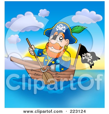 Royalty-Free (RF) Clipart Illustration of a Male Pirate Paddling A Boat At Sunset by visekart