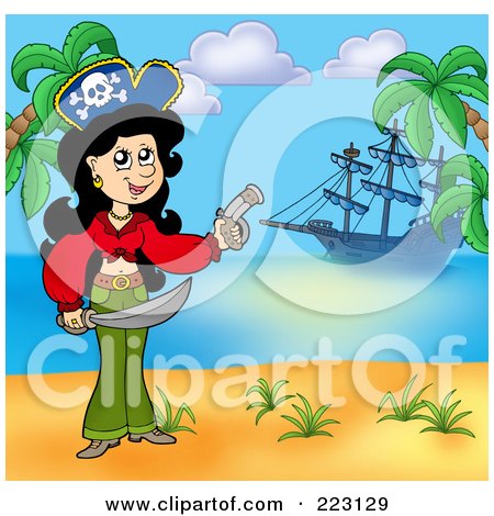 Royalty-Free (RF) Clipart Illustration of a Female Pirate Holding A Sword And Gun On A Beach With Her Ship In The Background by visekart